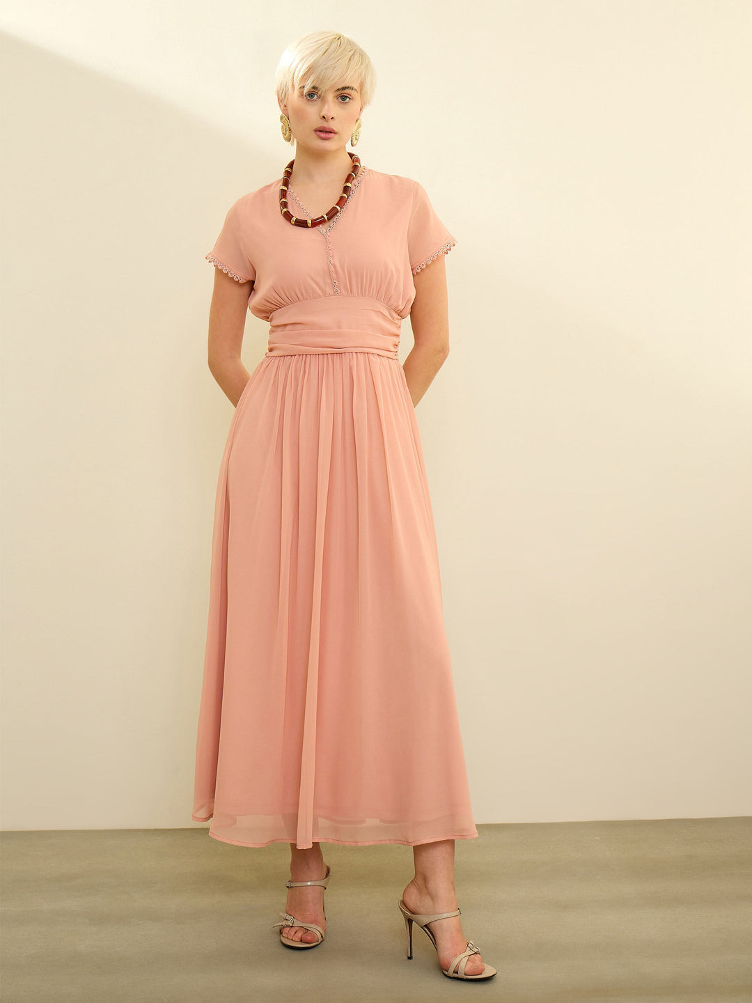 Women Pink Solid Cap Sleeves Maxi Dress