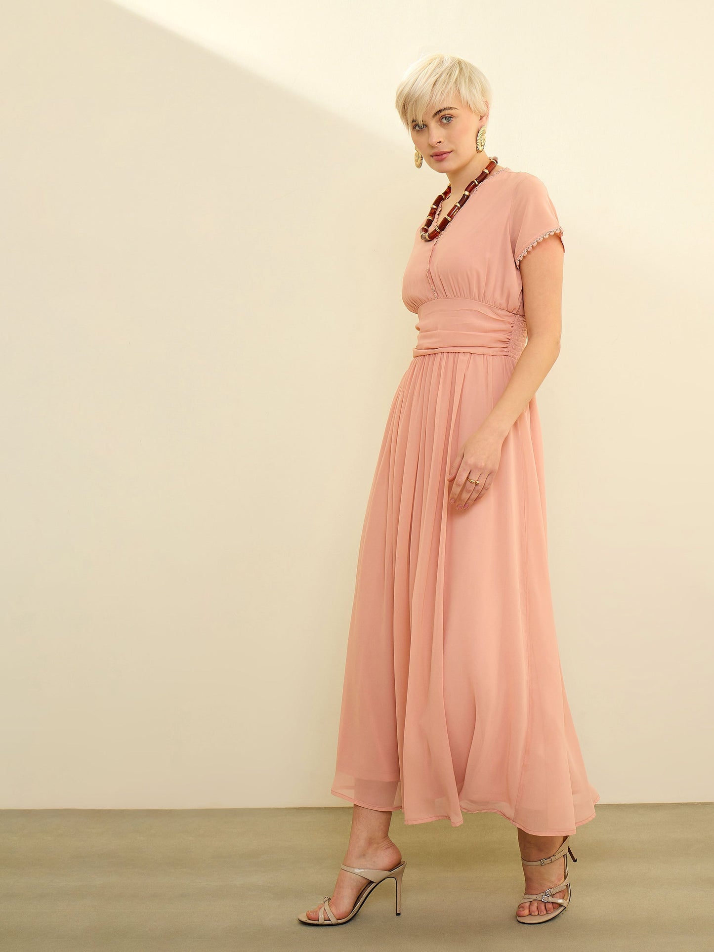 Women Pink Solid Cap Sleeves Maxi Dress