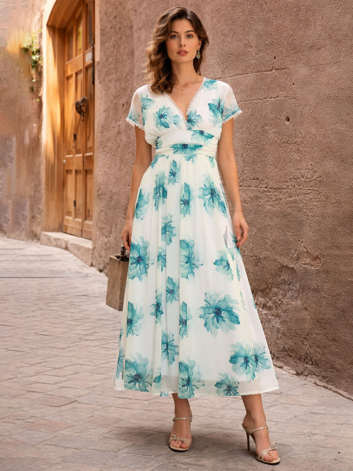 Women Off-White Floral Cap Sleeves Maxi Dress