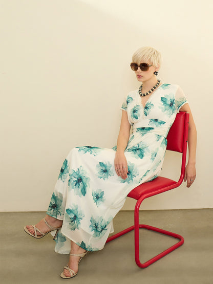 Women Off-White Floral Cap Sleeves Maxi Dress