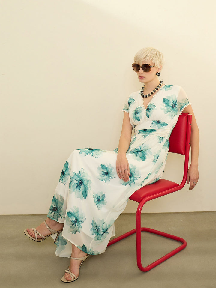 Women Off-White Floral Cap Sleeves Maxi Dress
