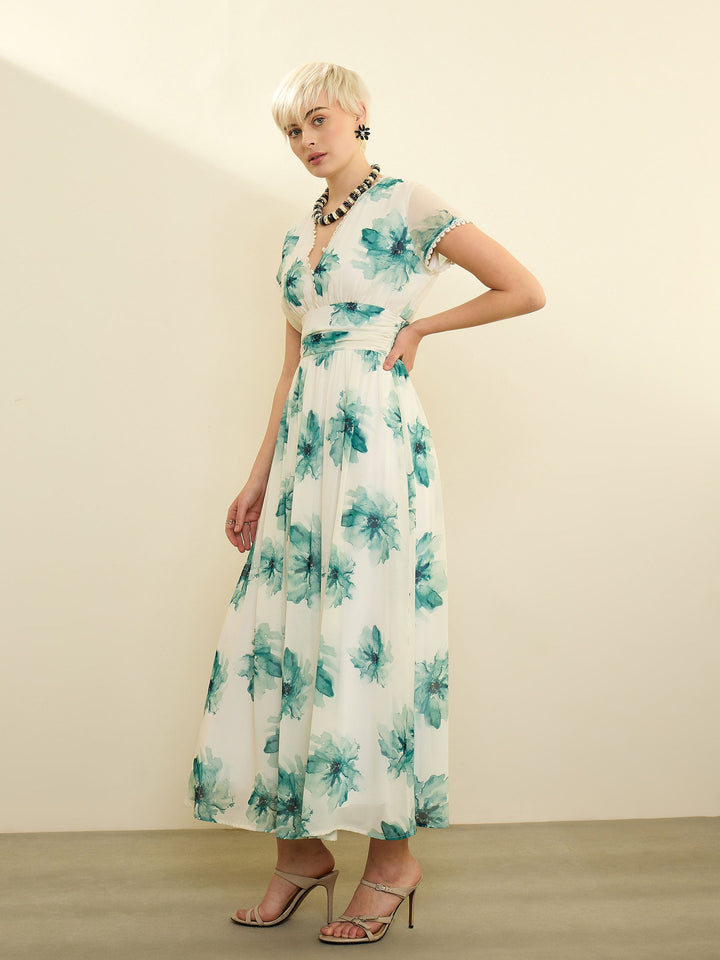 Women Off-White Floral Cap Sleeves Maxi Dress
