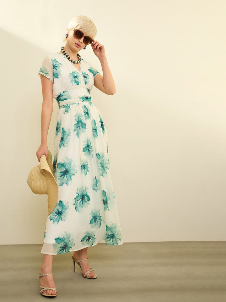 Women Off-White Floral Cap Sleeves Maxi Dress