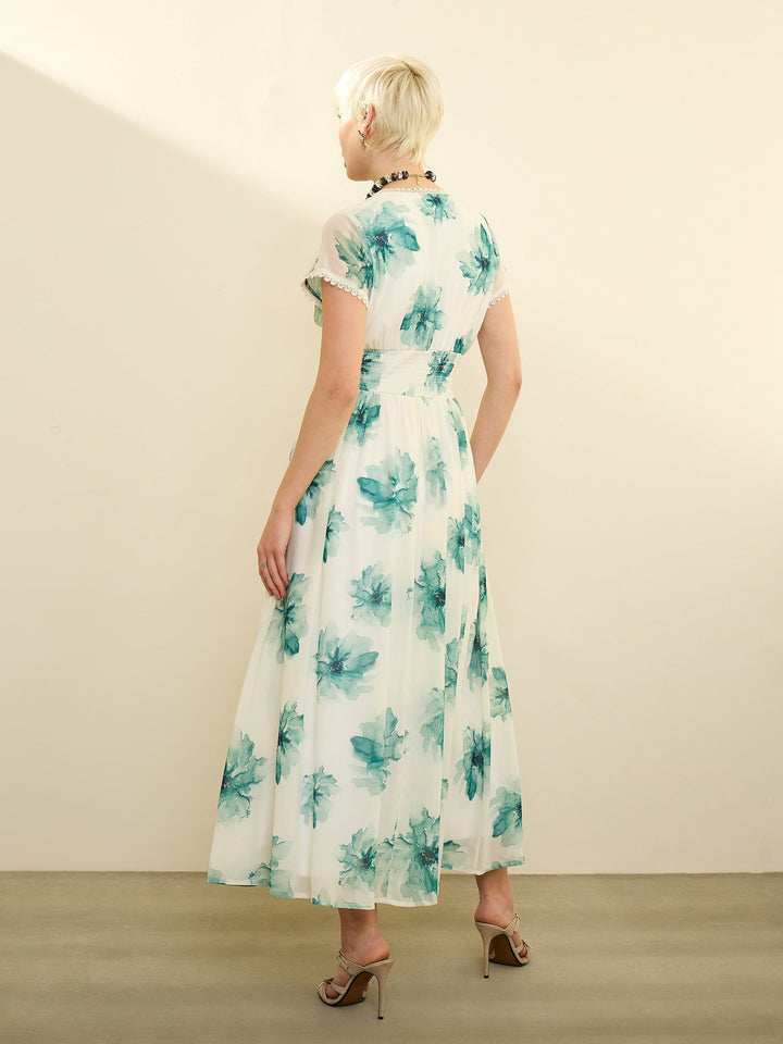 Women Off-White Floral Cap Sleeves Maxi Dress