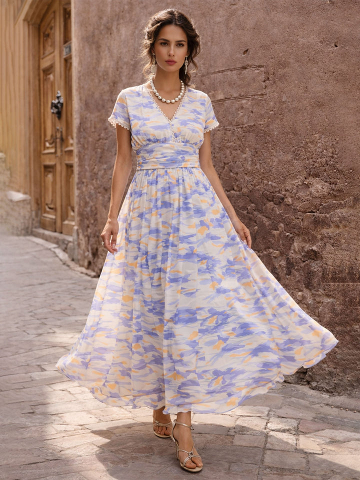 Women Lavender &amp; Off-White Aztec Print Cap Sleeves Maxi Dress