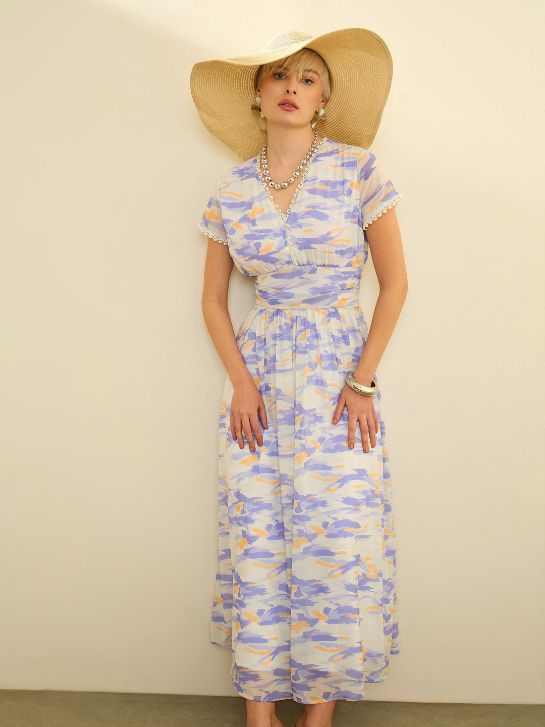 Women Lavender &amp; Off-White Aztec Print Cap Sleeves Maxi Dress