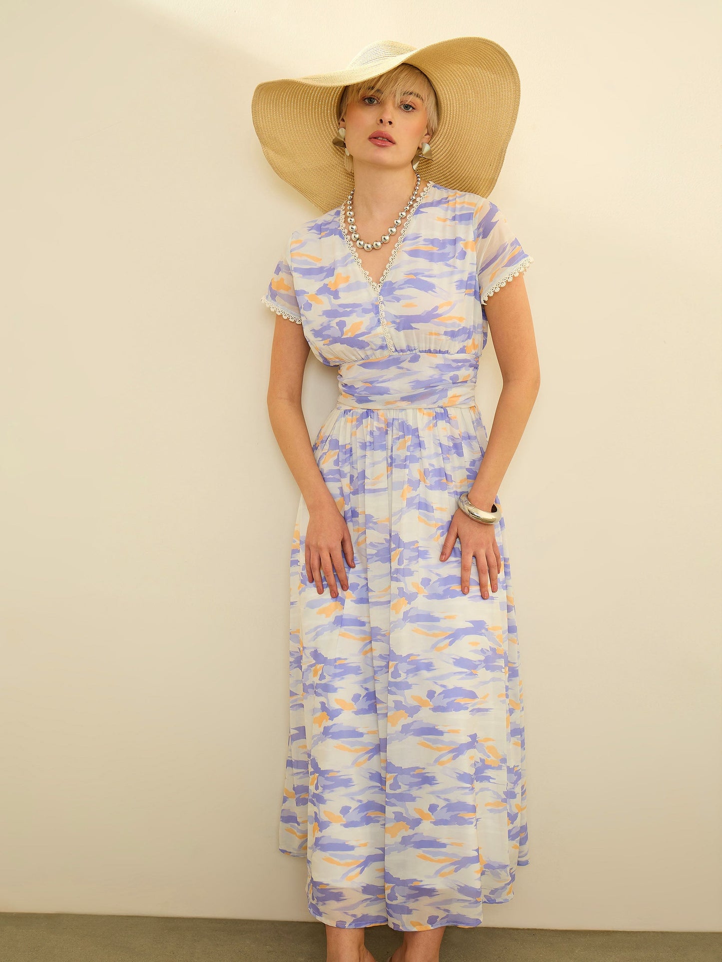 Women Lavender & Off-White Aztec Print Cap Sleeves Maxi Dress
