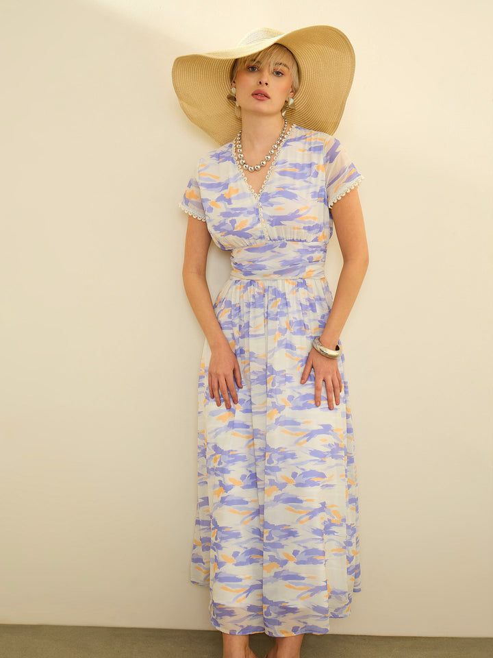 Women Lavender &amp; Off-White Aztec Print Cap Sleeves Maxi Dress