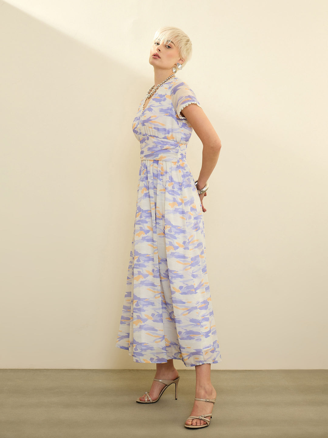 Women Lavender &amp; Off-White Aztec Print Cap Sleeves Maxi Dress