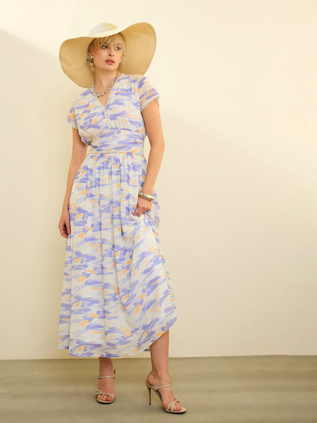 Women Lavender &amp; Off-White Aztec Print Cap Sleeves Maxi Dress