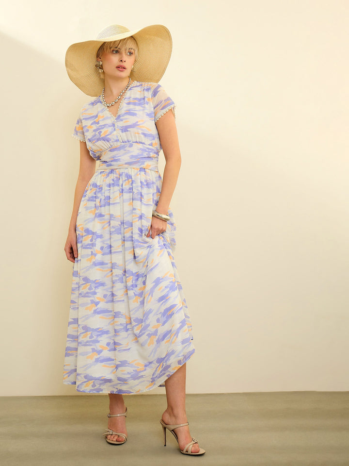 Women Lavender &amp; Off-White Aztec Print Cap Sleeves Maxi Dress