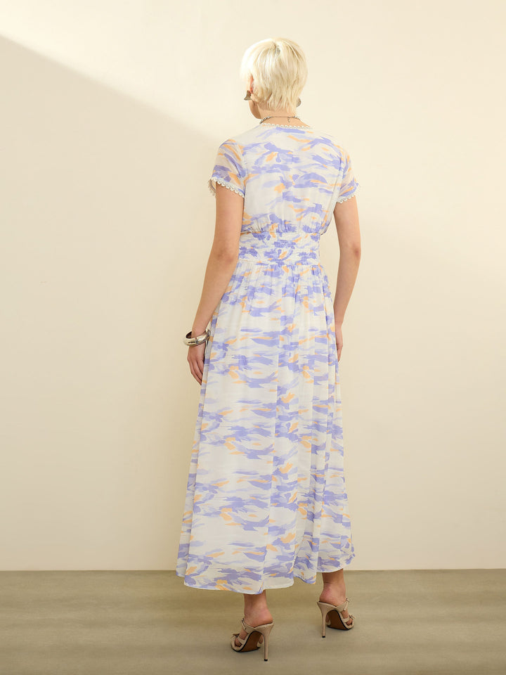 Women Lavender &amp; Off-White Aztec Print Cap Sleeves Maxi Dress