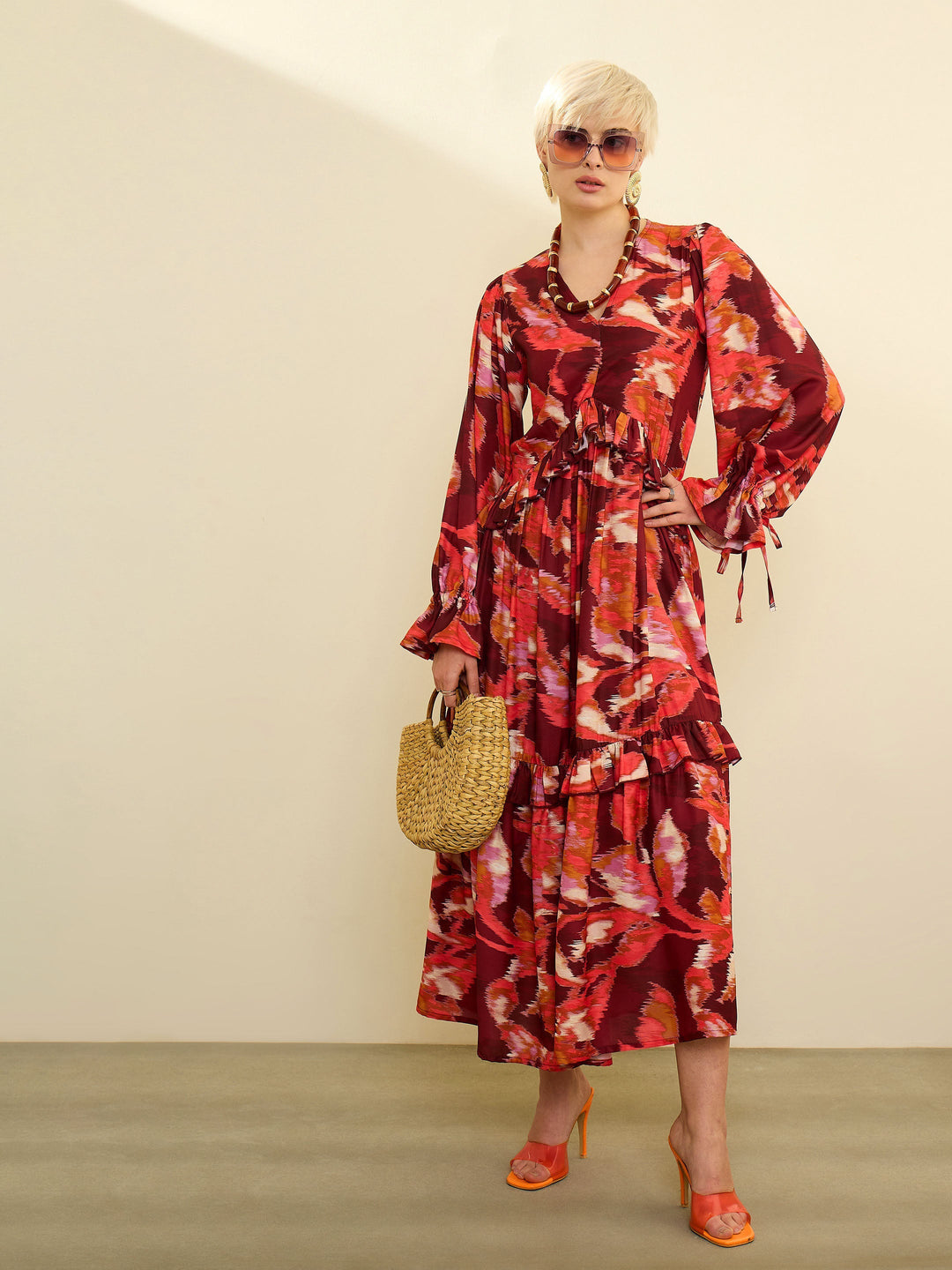 Women Maroon Ikat Print Front Ruffle Maxi Dress