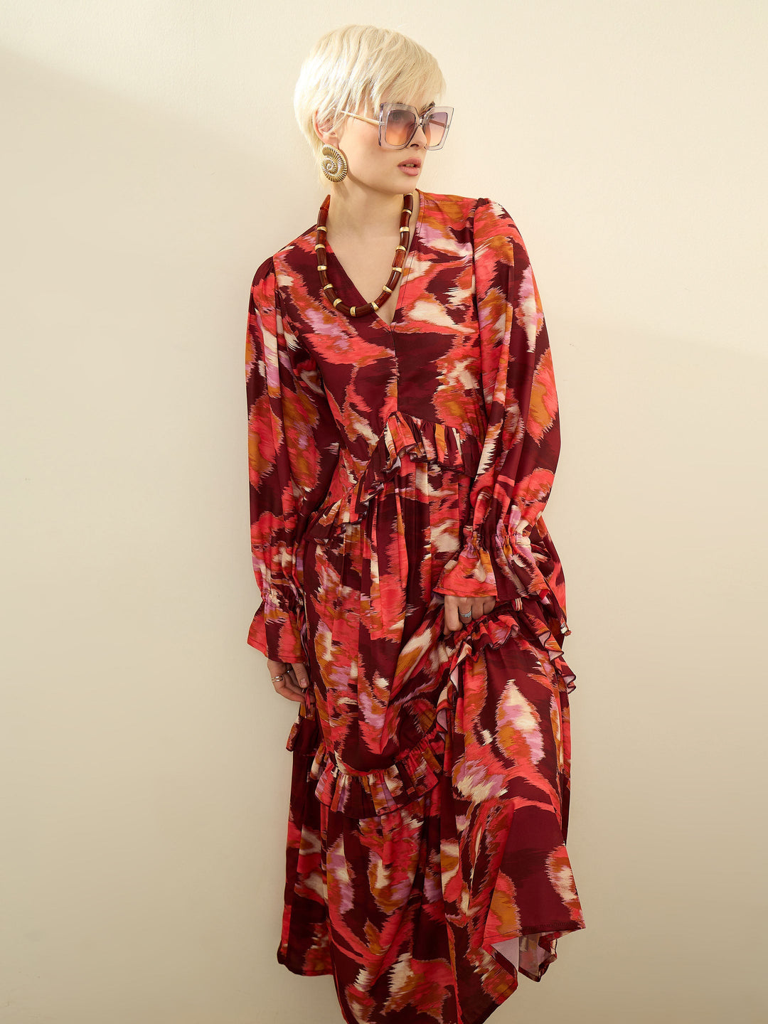 Women Maroon Ikat Print Front Ruffle Maxi Dress