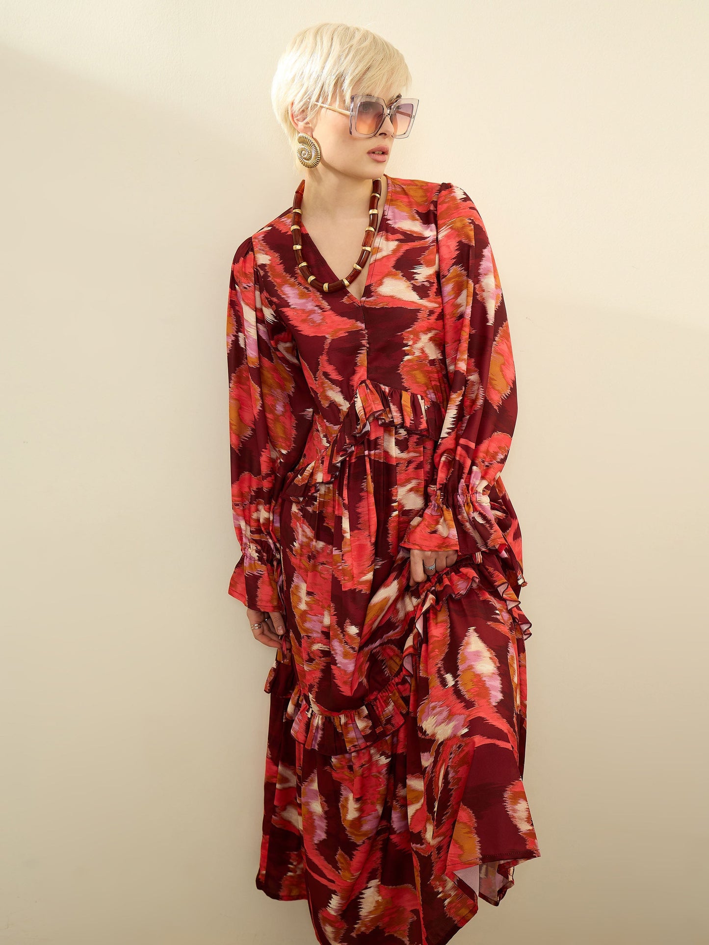 Women Maroon Ikat Print Front Ruffle Maxi Dress