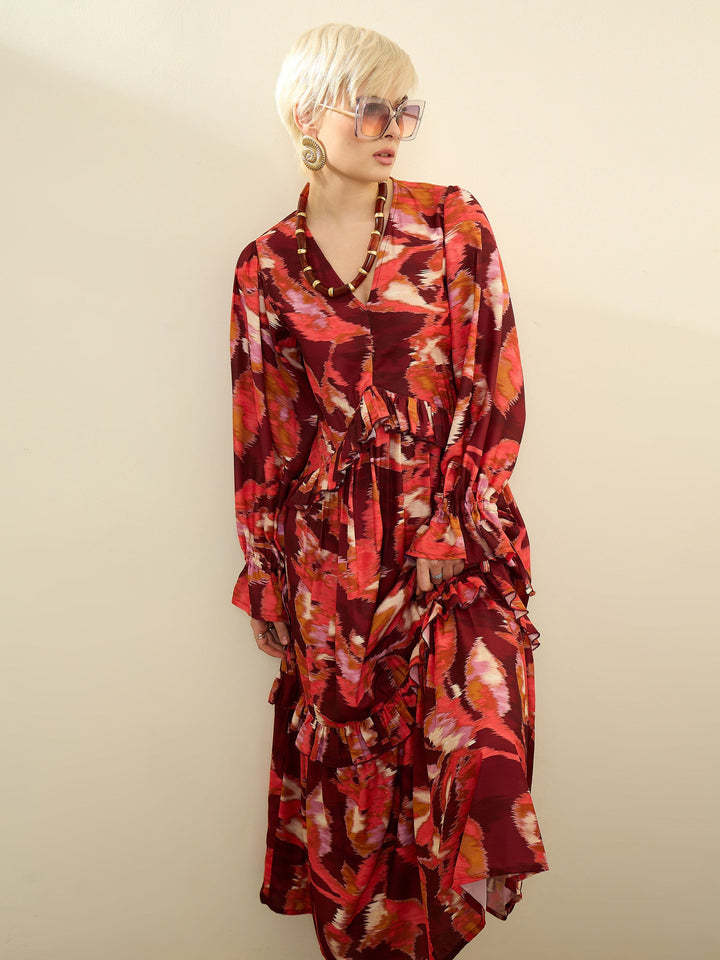 Women Maroon Ikat Print Front Ruffle Maxi Dress