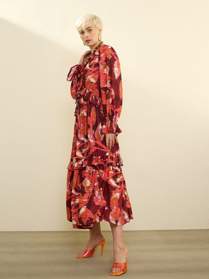 Women Maroon Ikat Print Front Ruffle Maxi Dress