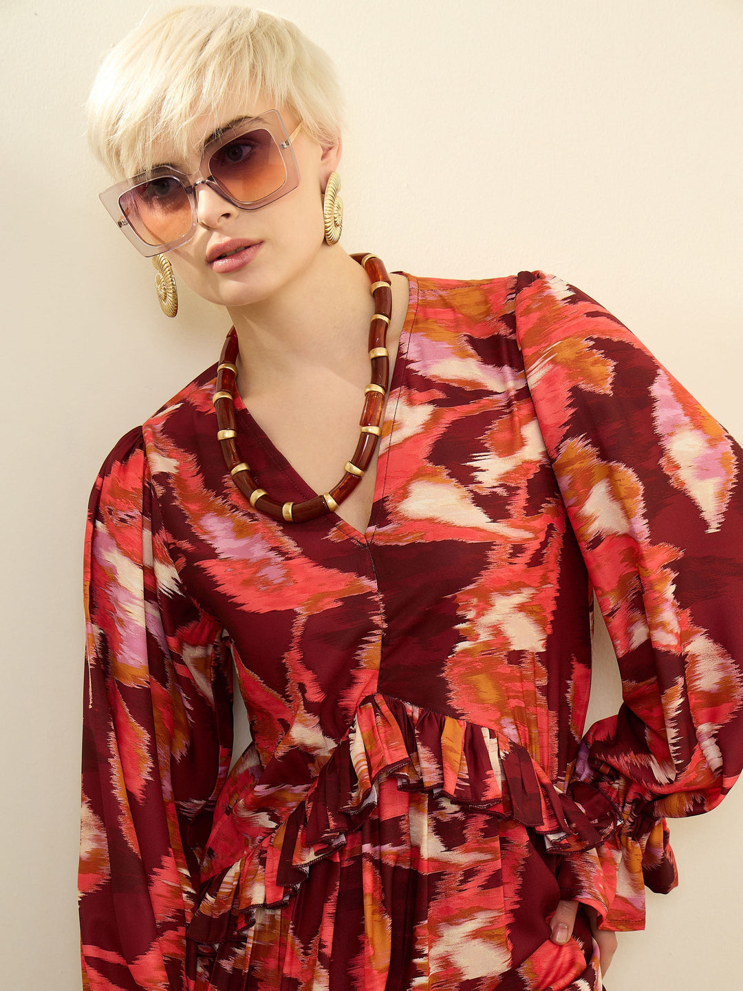 Women Maroon Ikat Print Front Ruffle Maxi Dress