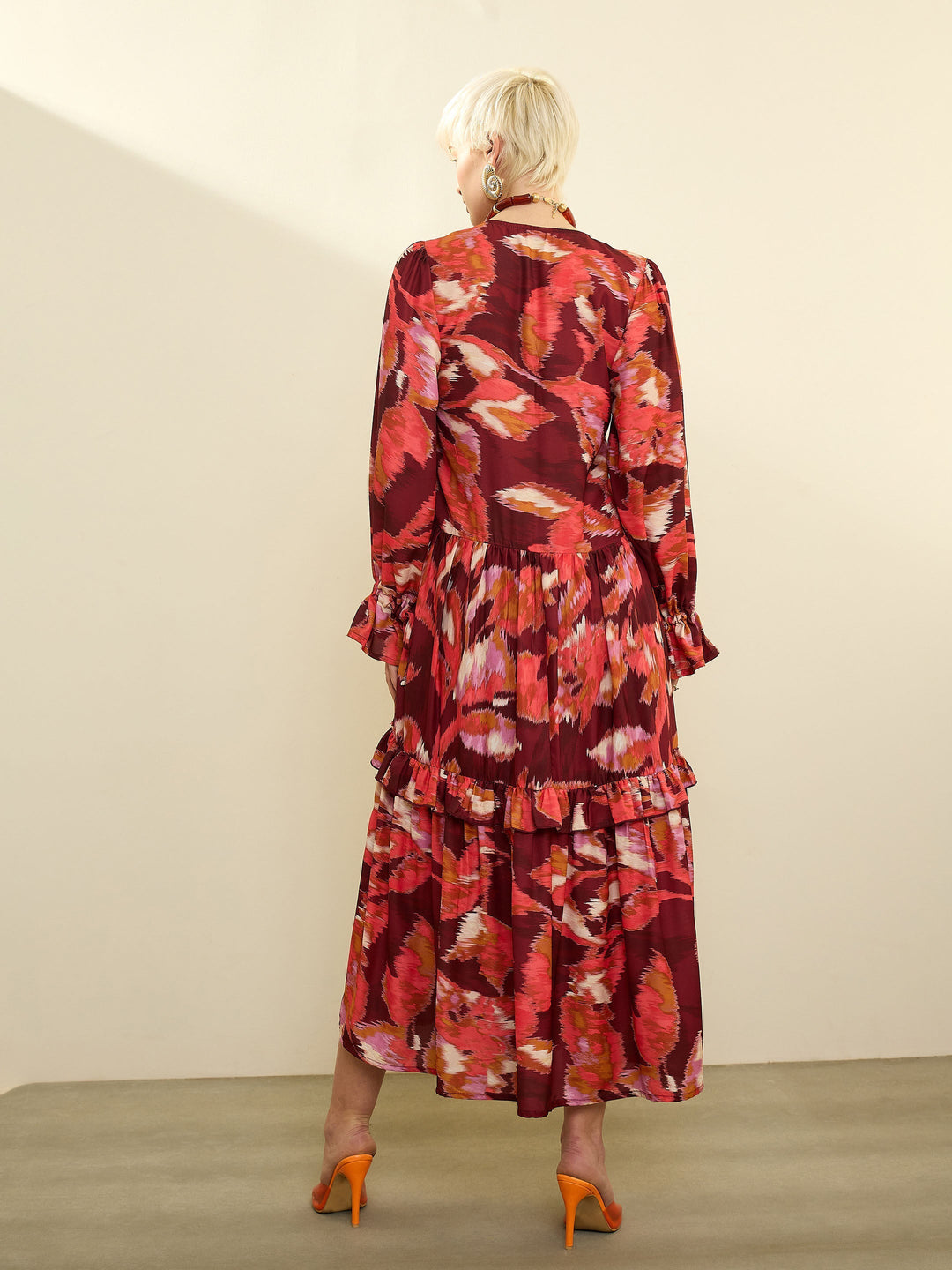 Women Maroon Ikat Print Front Ruffle Maxi Dress