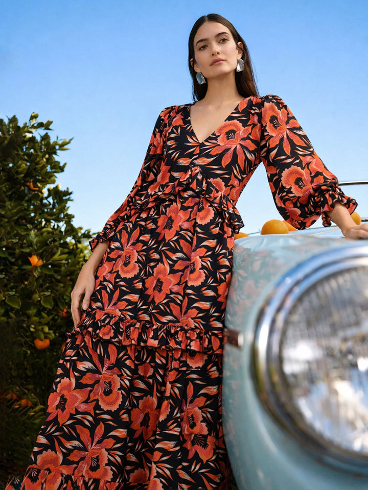 Women Black Floral Front Ruffle Maxi Dress
