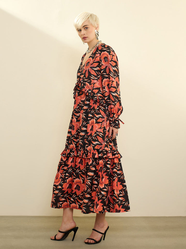Women Black Floral Front Ruffle Maxi Dress