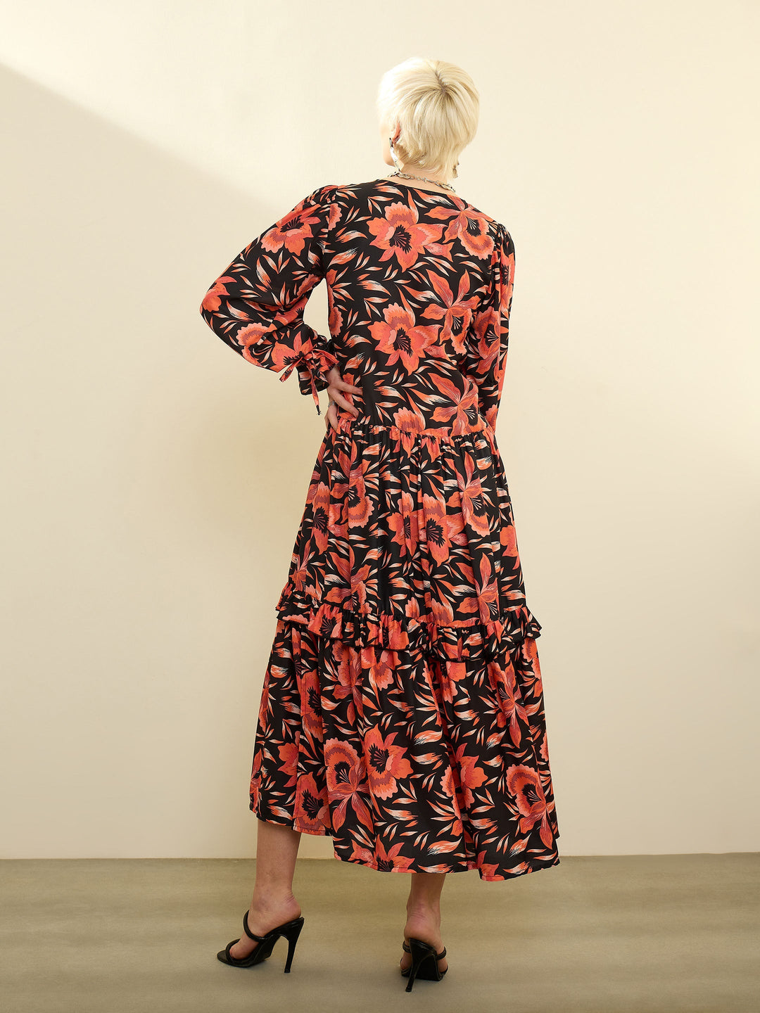 Women Black Floral Front Ruffle Maxi Dress