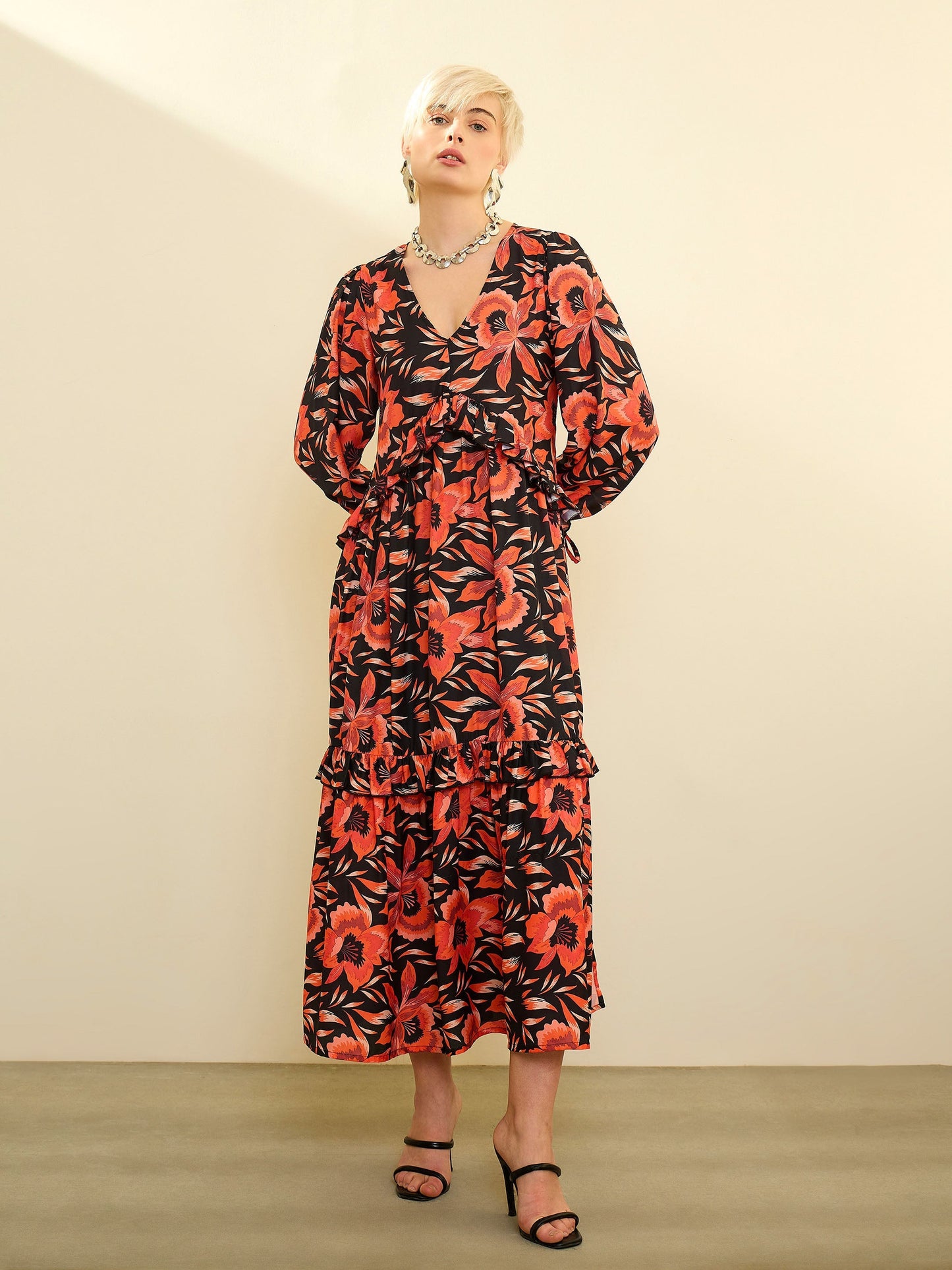 Women Black Floral Front Ruffle Maxi Dress