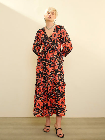 Women Black Floral Front Ruffle Maxi Dress