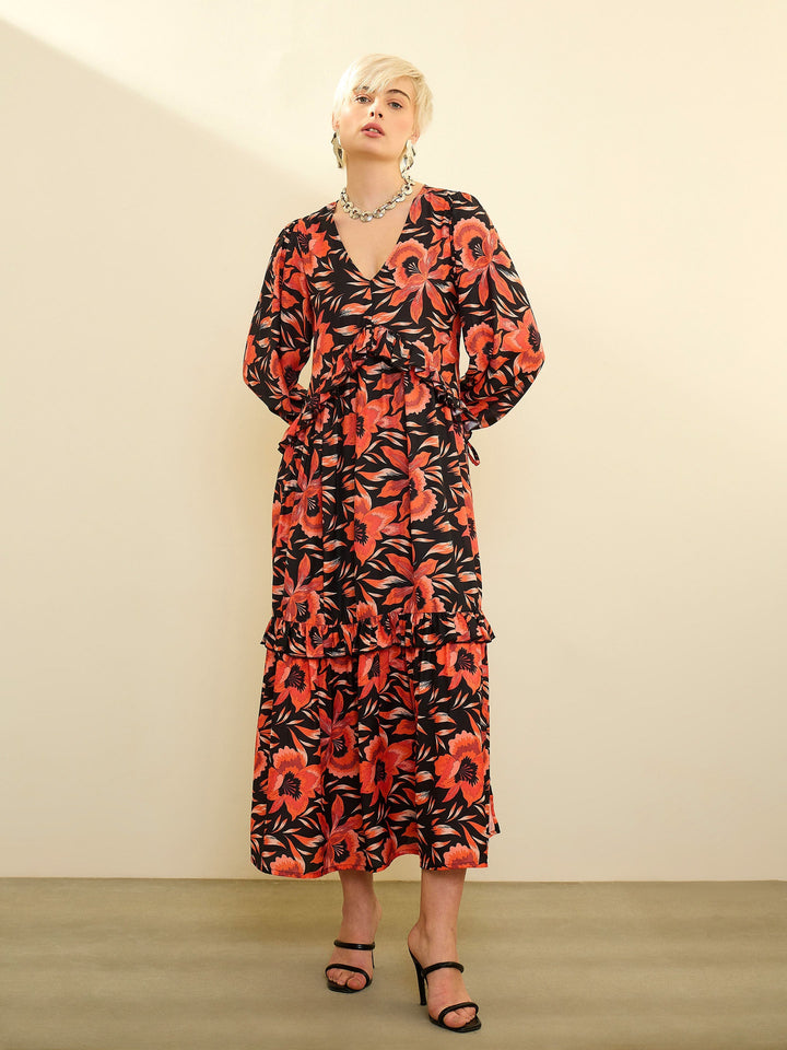 Women Black Floral Front Ruffle Maxi Dress
