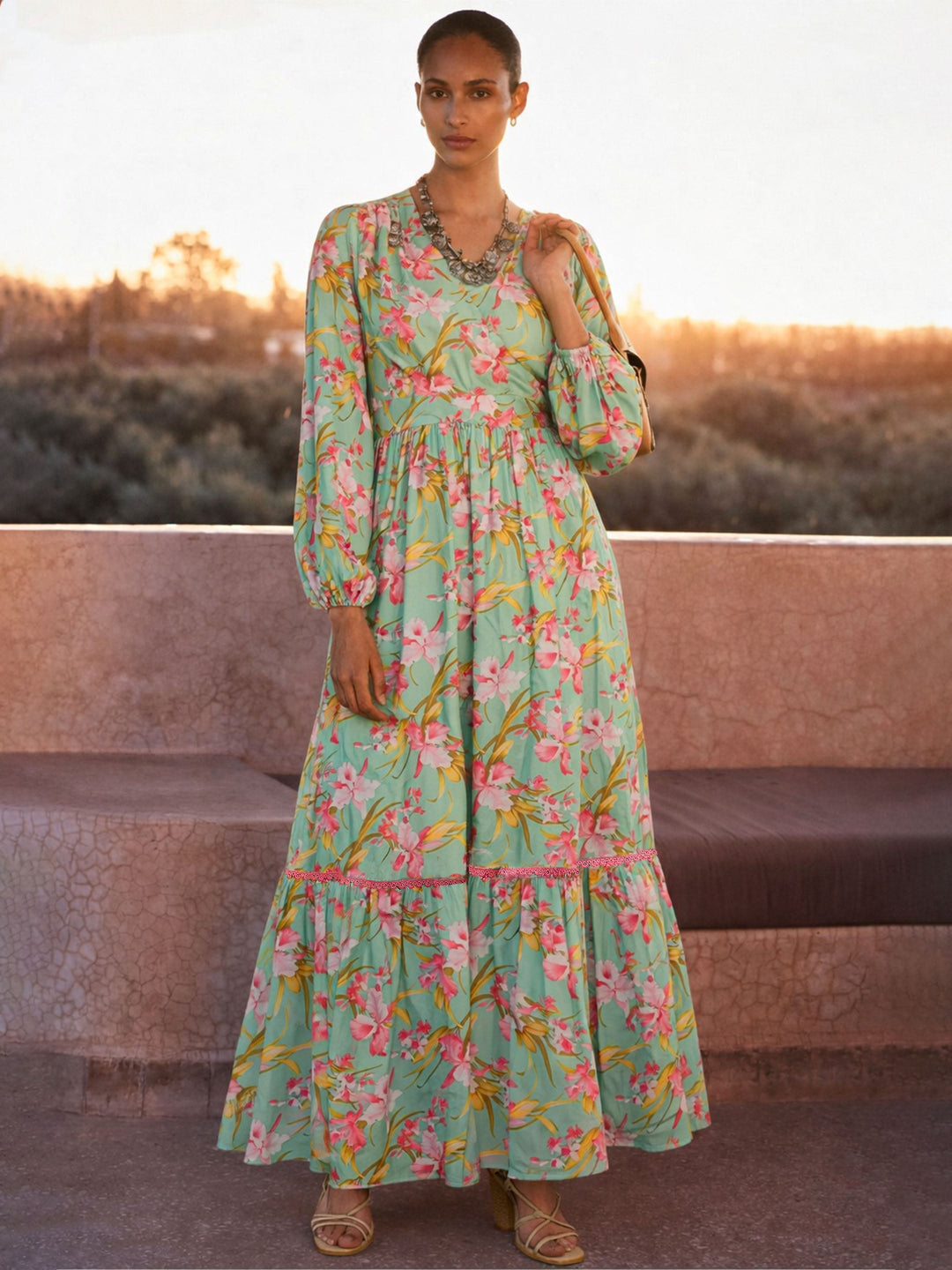 Women Sea Green &amp; Pink Floral Wrap Neck Maxi Dress