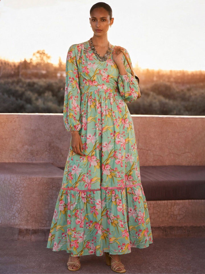 Women Sea Green &amp; Pink Floral Wrap Neck Maxi Dress