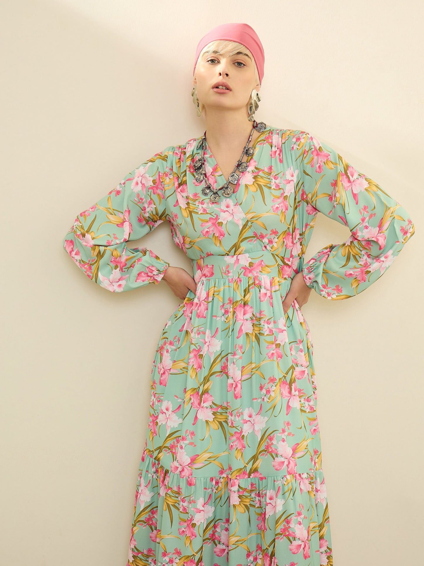 Women Sea Green & Pink Floral Wrap Neck Maxi Dress