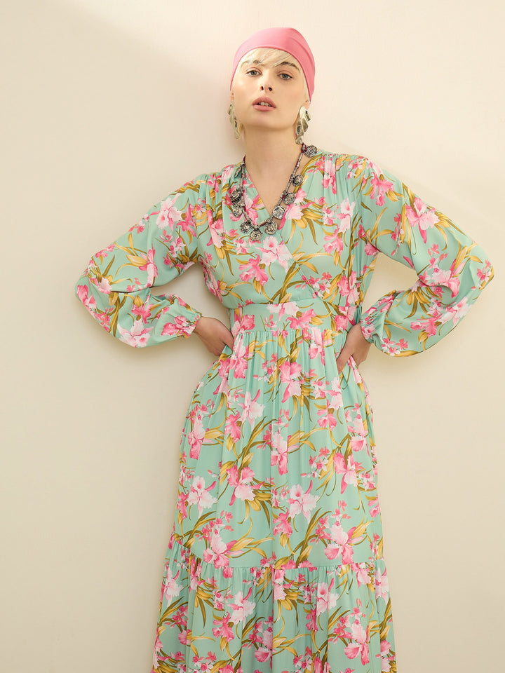Women Sea Green &amp; Pink Floral Wrap Neck Maxi Dress