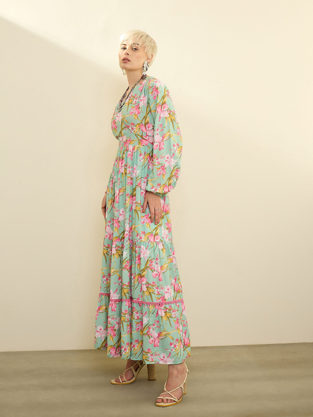 Women Sea Green &amp; Pink Floral Wrap Neck Maxi Dress