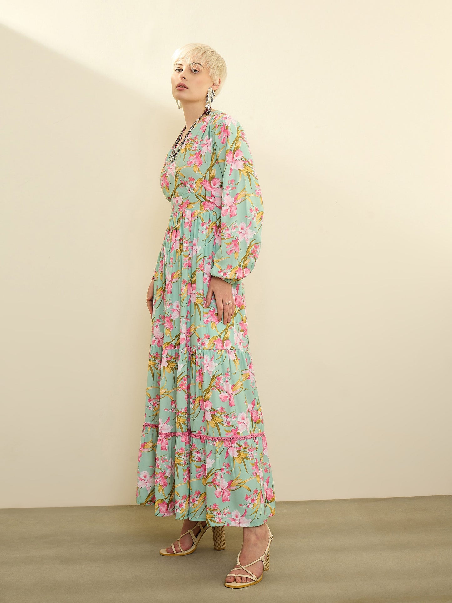 Women Sea Green & Pink Floral Wrap Neck Maxi Dress