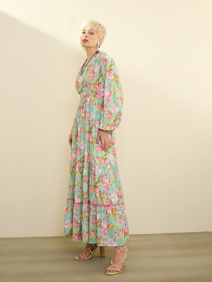 Women Sea Green &amp; Pink Floral Wrap Neck Maxi Dress