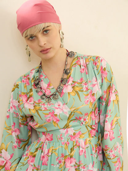 Women Sea Green & Pink Floral Wrap Neck Maxi Dress