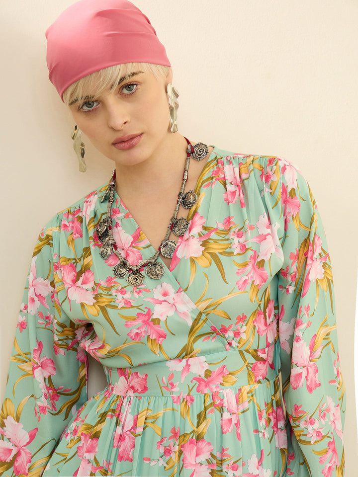 Women Sea Green &amp; Pink Floral Wrap Neck Maxi Dress