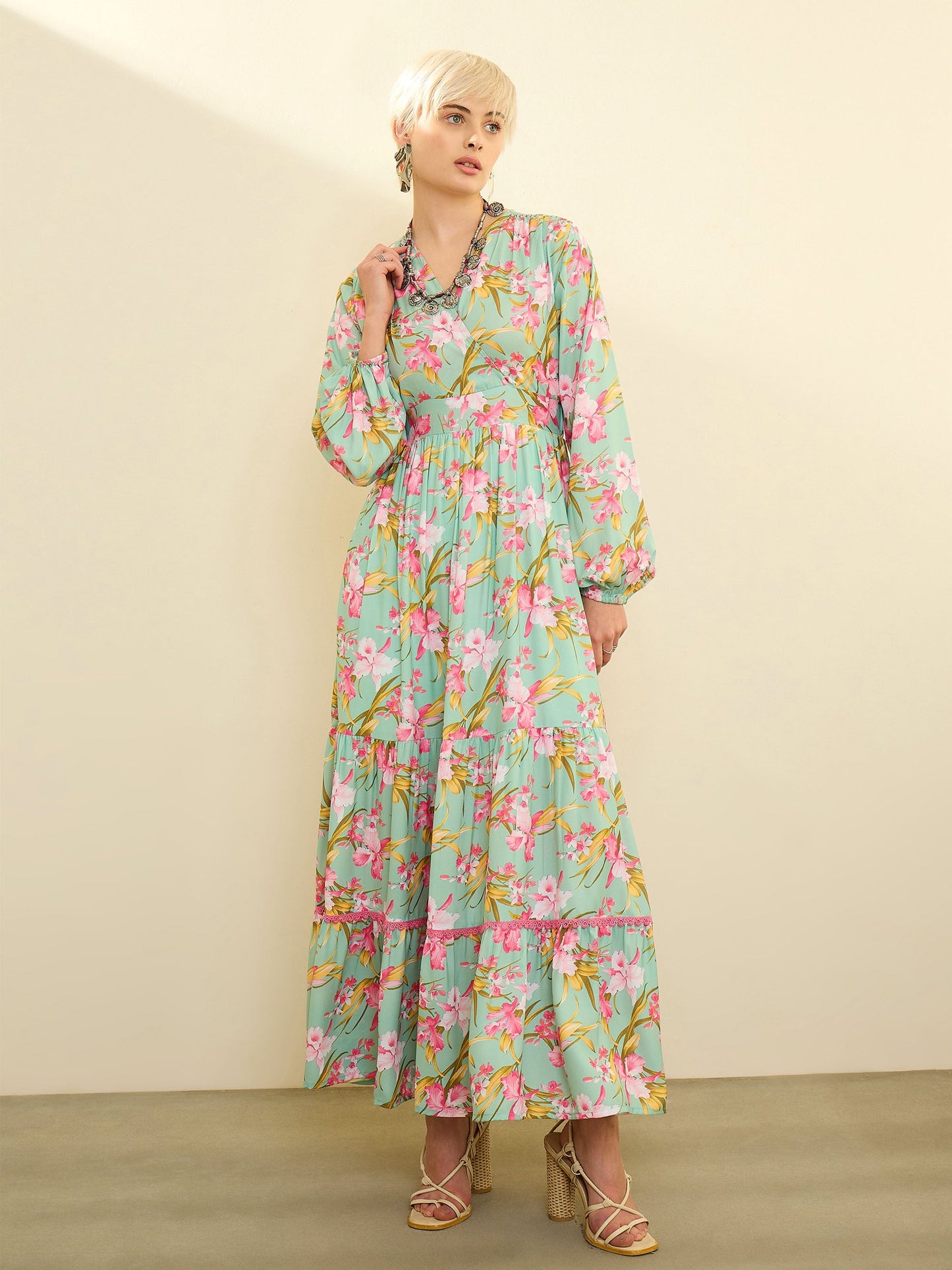 Women Sea Green & Pink Floral Wrap Neck Maxi Dress