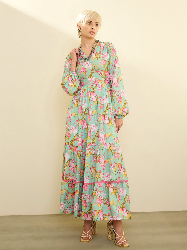 Women Sea Green &amp; Pink Floral Wrap Neck Maxi Dress