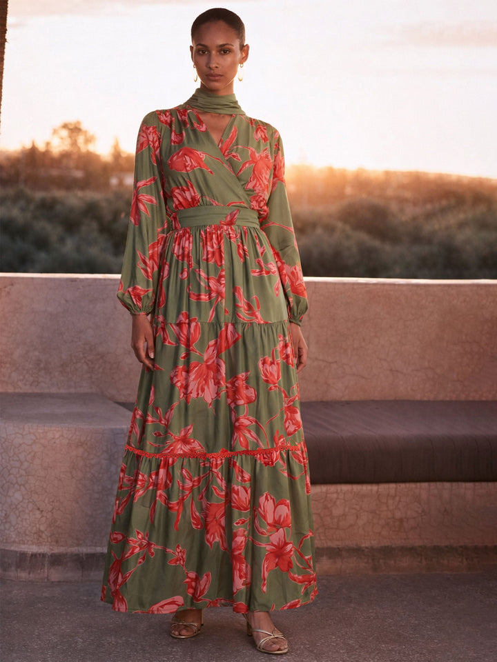 Women Olive &amp; Red Floral Wrap Neck Maxi Dress
