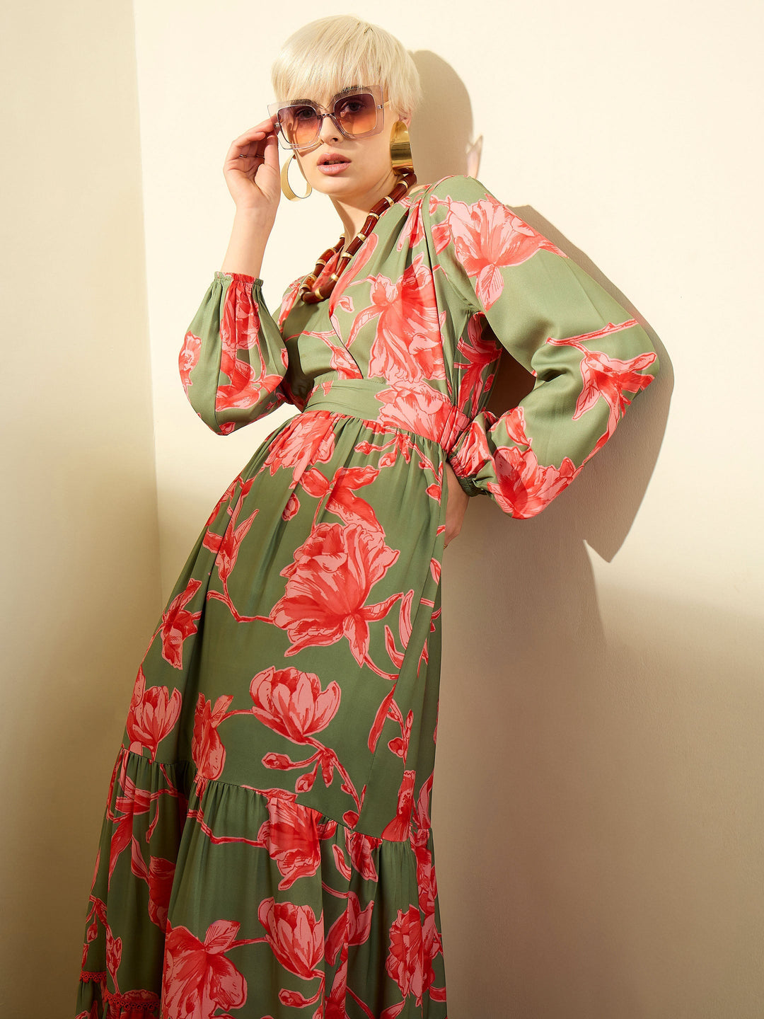 Women Olive &amp; Red Floral Wrap Neck Maxi Dress