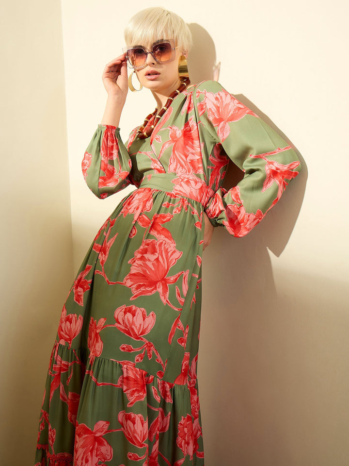 Women Olive &amp; Red Floral Wrap Neck Maxi Dress