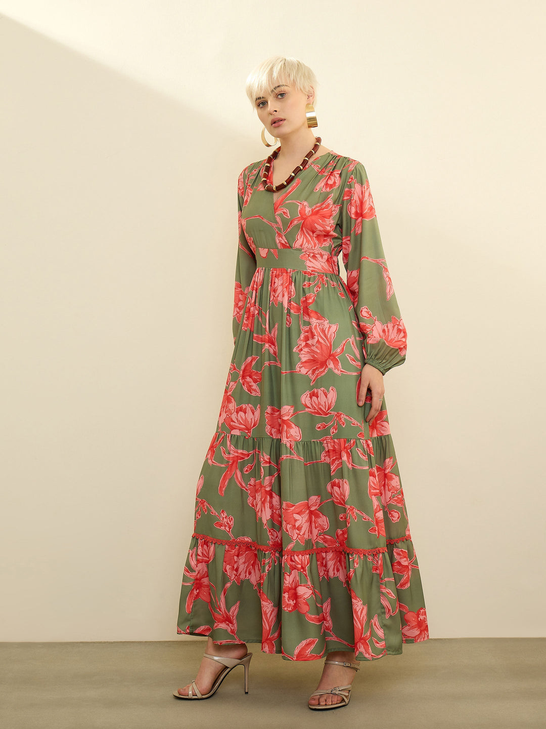 Women Olive &amp; Red Floral Wrap Neck Maxi Dress