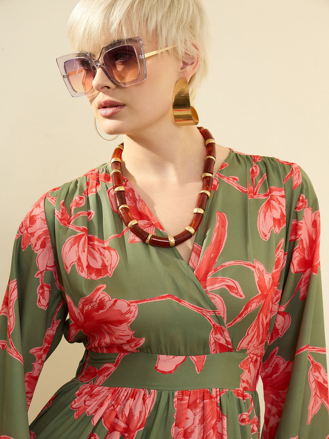 Women Olive &amp; Red Floral Wrap Neck Maxi Dress
