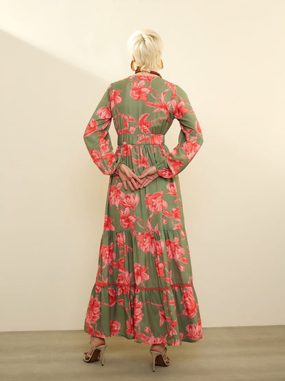 Women Olive & Red Floral Wrap Neck Maxi Dress