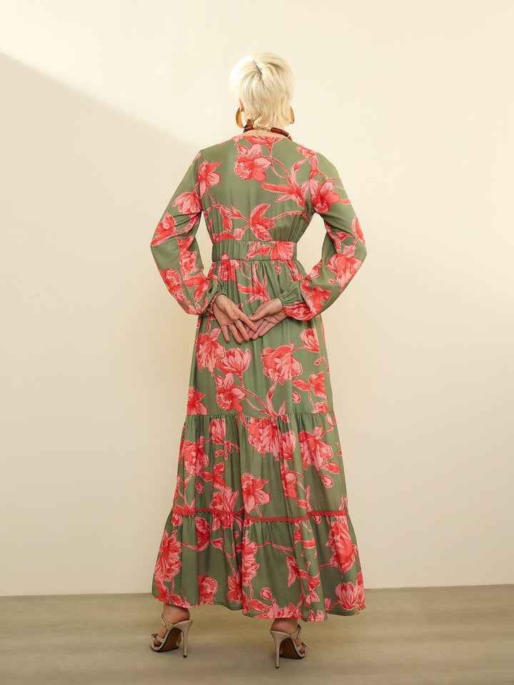 Women Olive &amp; Red Floral Wrap Neck Maxi Dress