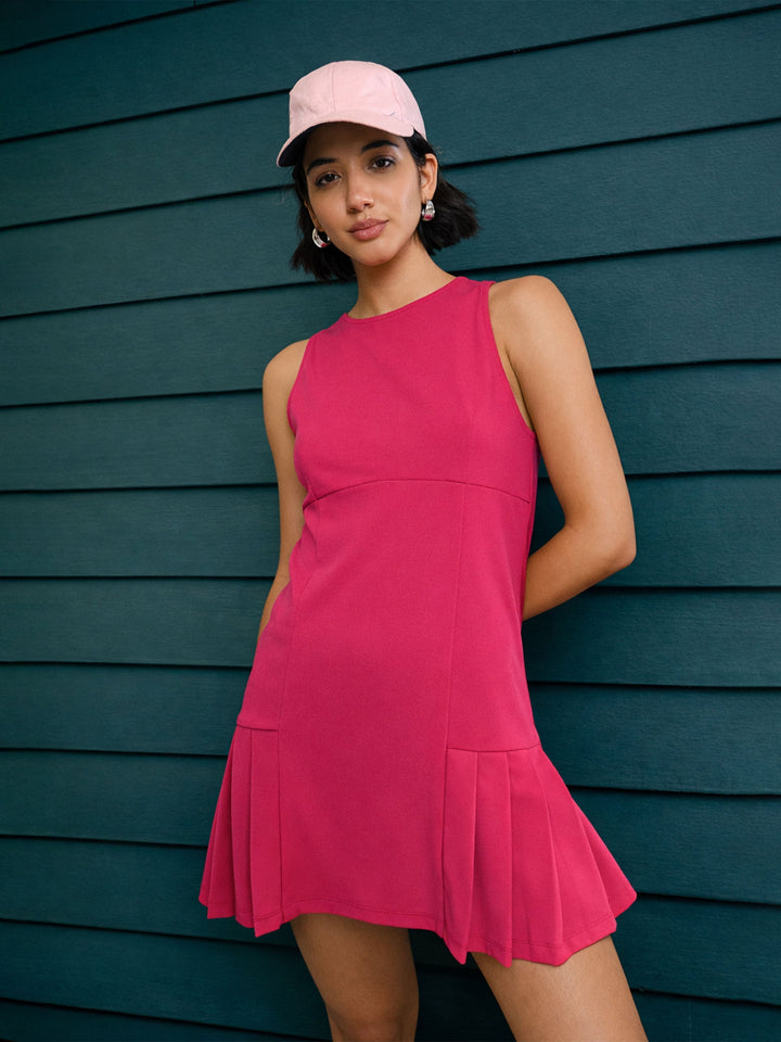 Women Fuchsia Pleated Hem Short Dress