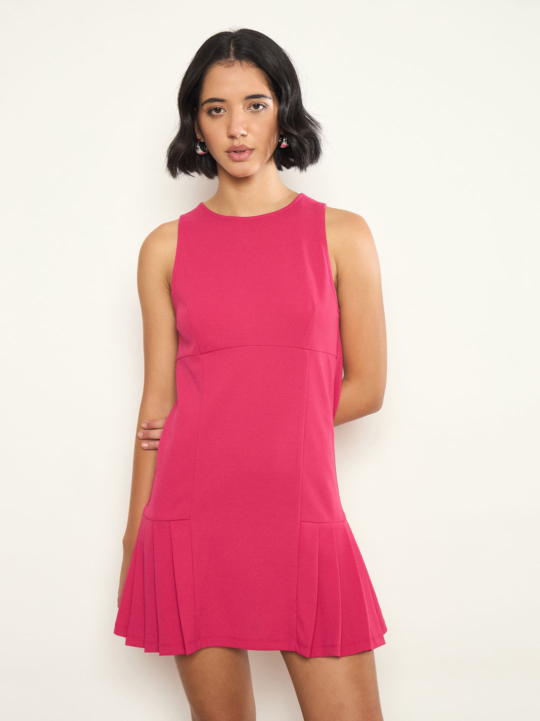 Women Fuchsia Pleated Hem Short Dress