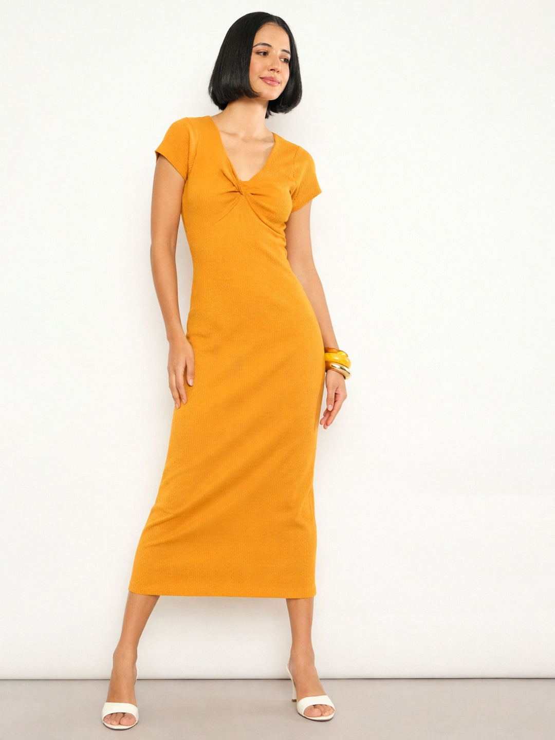 Women Mustard Rib Front Twisted Midi Dress